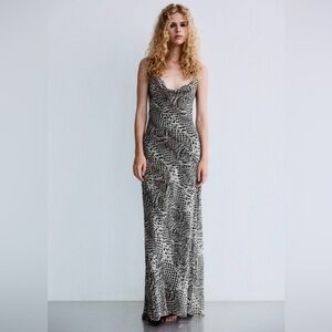 Zara spaghetti straps LONG ANIMAL PRINT open back DRESS sz.XS